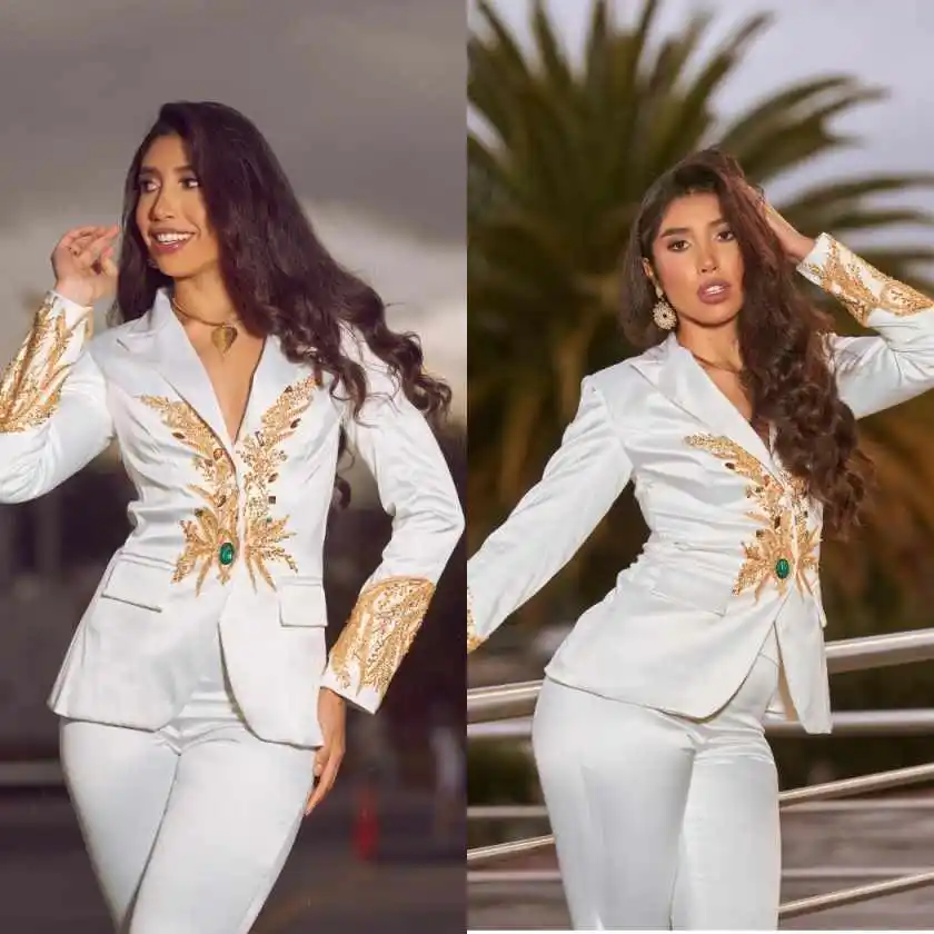2 Pieces Wedding Women Pants Suits Fashion Show Gold Beads Customized Formal Lady Wear Guest Party Blazer Graduation Ceremony