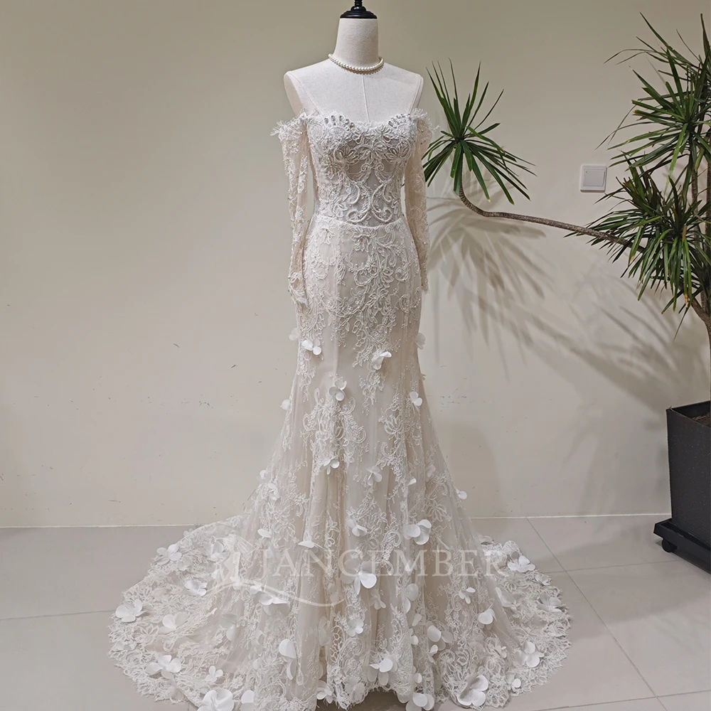 Factory Wholesale Promotion Wedding Dresses For Women Full Sleeves Customized Scoop Lace Appliqué Lace Up vestidos de novia boda