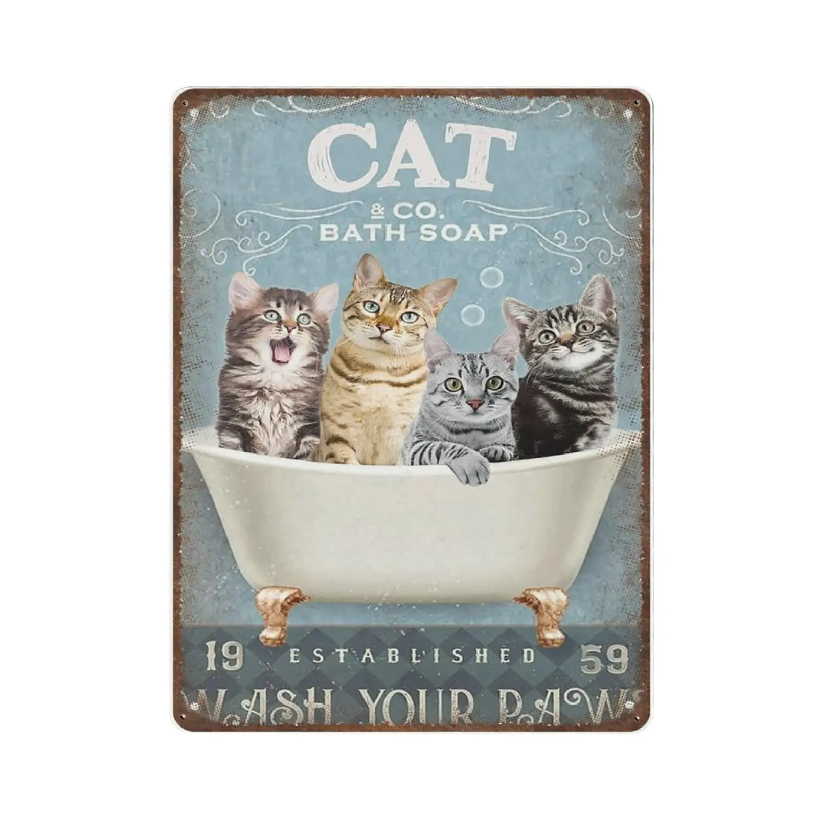 Pintura en estaño 2D, Placa de señalización de metal vintage, Letrero de estanque vintage, Jabón de baño para gatos, Letrero de lavado