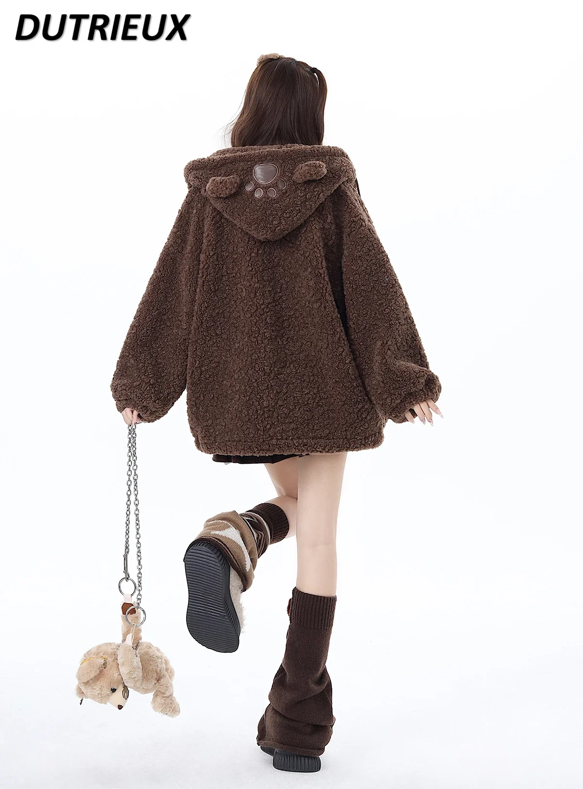 Sweet Cute Cool Animal Ears Fall Winter Hooded Thick Lamb Wool Coat for Women Brown Warm Soft Glutinous Loose Girl Jacket