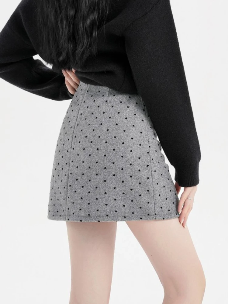 Zwart Hart Polka Dot Wol Kokerrok Dames Herfst Winter Hoge Taille Casual Slanke Koreaanse Korte Rokken Vrouw