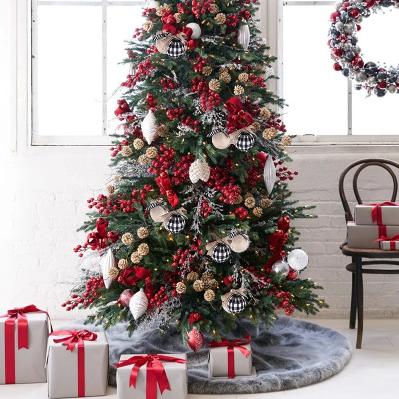 زينة شجرة عيد الميلاد، 12 قطعة مقاس 2-1/2 بوصة أبيض وأسود وخياطة من الخيش وزينة عيد الميلاد