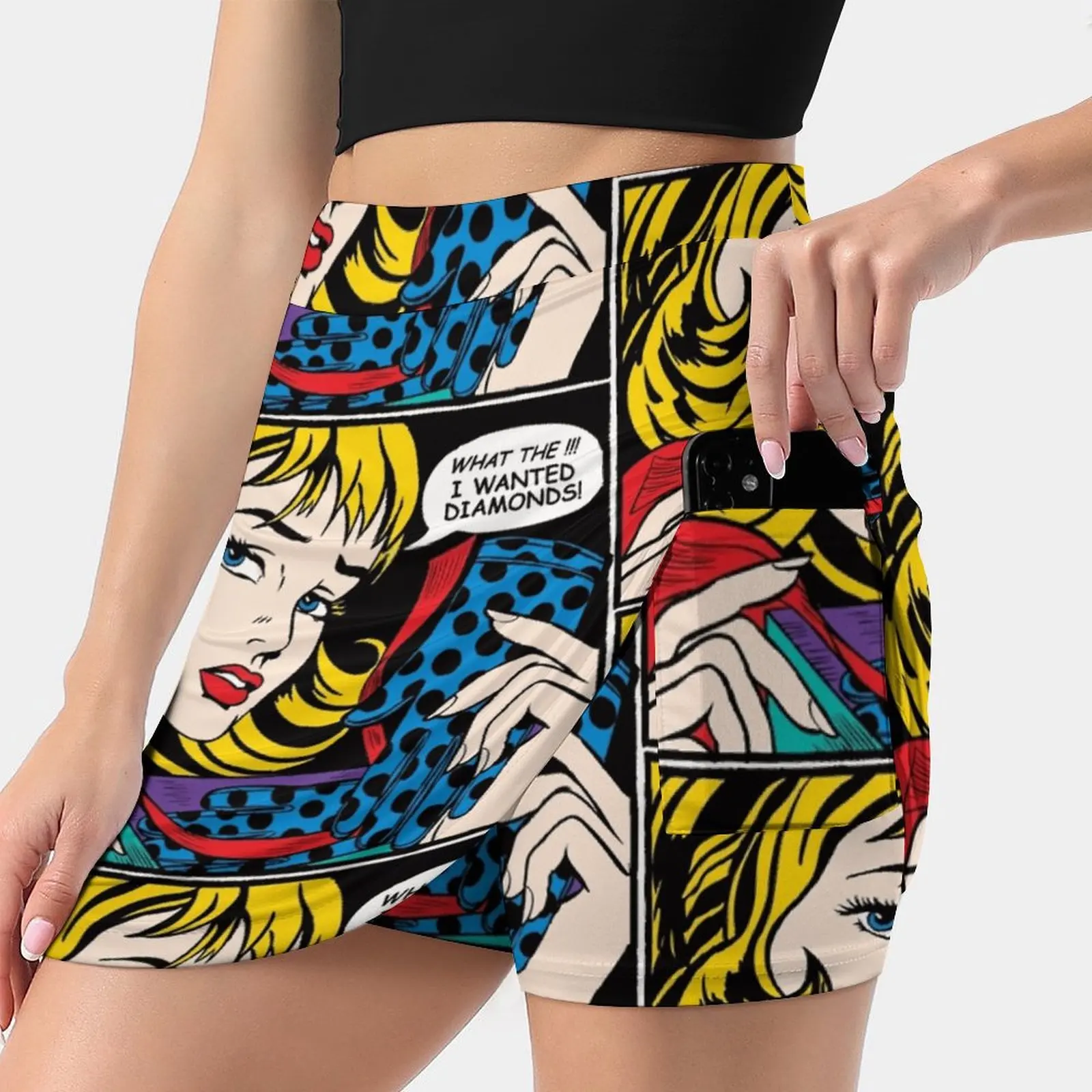 

Поп-арт-«что! Я хотел, юбки со стразами, женская модная юбка-брюки 2022, мини-юбки, офисная короткая юбка, Популярная Поп-арт, графика