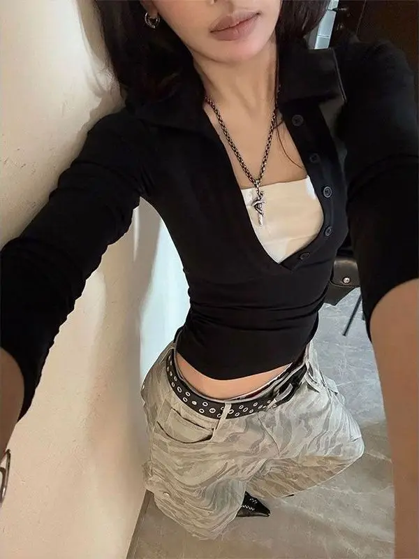 Slim Fit  Neck Color Block Long Sleeve T-Shirt Women's Spring Autumn Short Style Waist Cinching Top Casual Cotton Blend