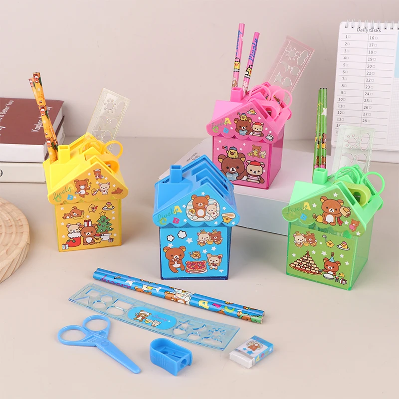 6Pcs Cartoon Pen Container Set Cute Pencil Eraser Ruler Pencil Sharpener Scissors Kit Pen Holder School Stationery Supplies