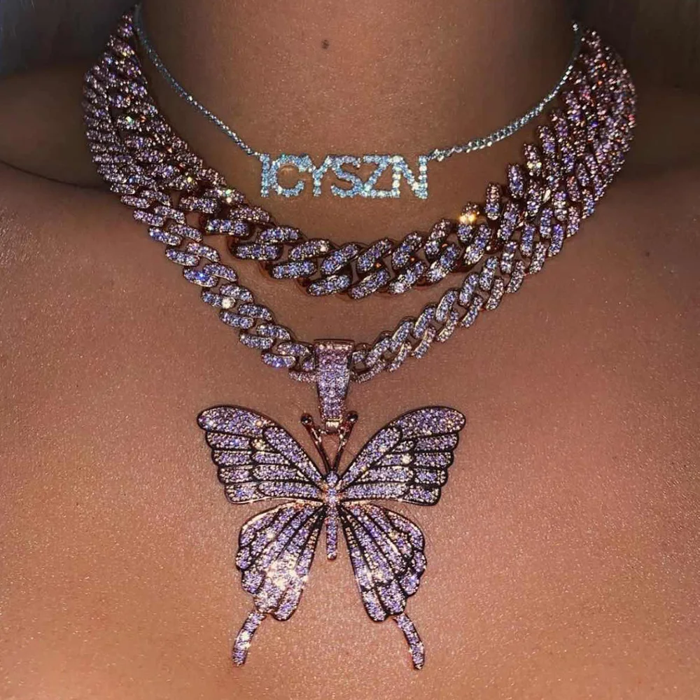 HipHop Pink Blue 9MM Cuban Link Chain Necklace for Women Iced Out Crystal Butterfly Pendant Choker Necklace Fashion Jewelry Gift