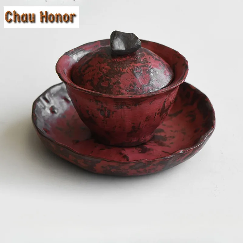 

100 мл японская красная грубая керамика для макияжа Gaiwan Zen, чайная подставка, чайная чаша с крышкой, комплект чайника, крышка, миска, посуда для напитков, украшения
