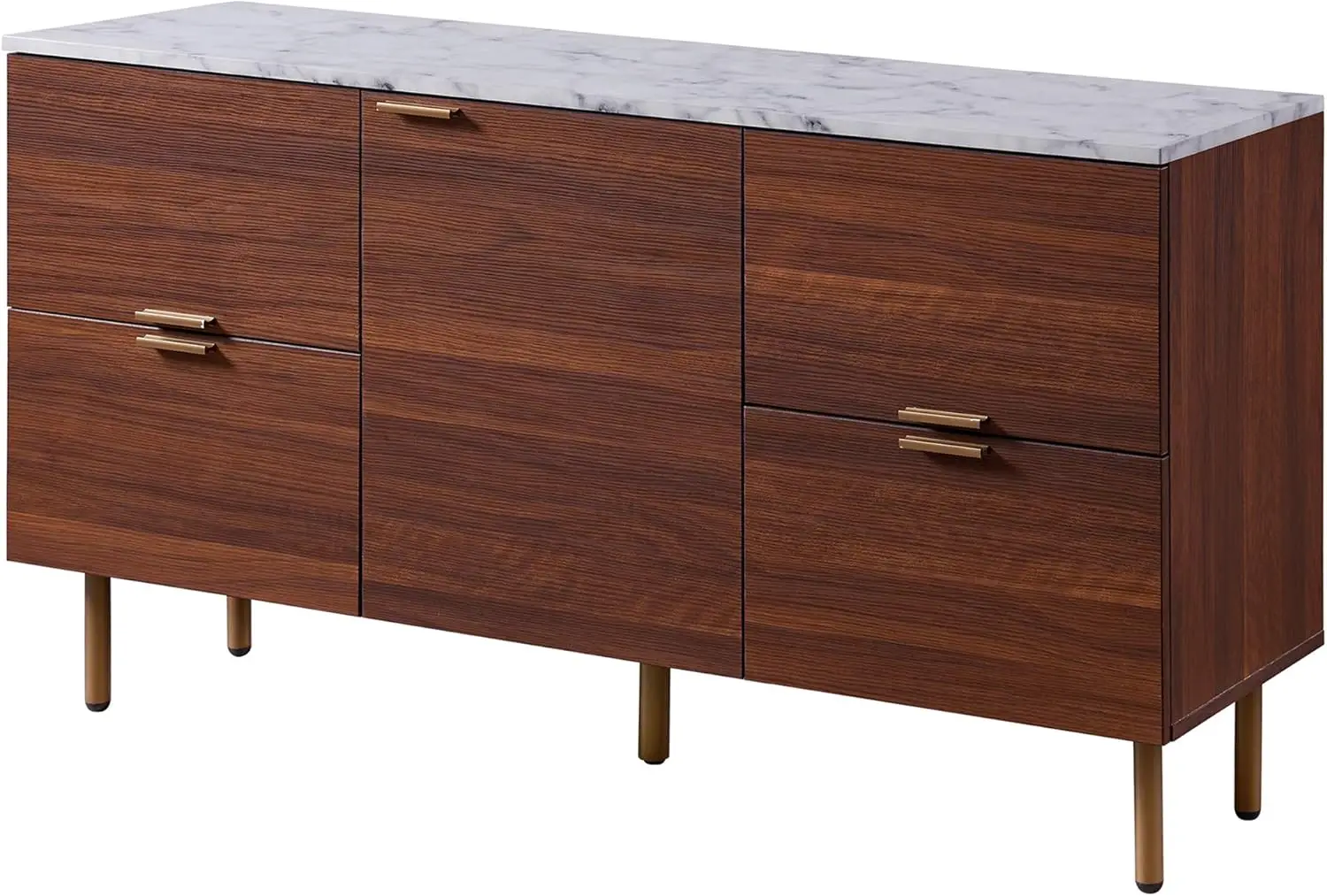 Teamson Home Ashton 48 in. x 14 in. Wooden Sideboard with Faux White Marble Tabletop, Four Drawers and Single Cabinet, Walnut