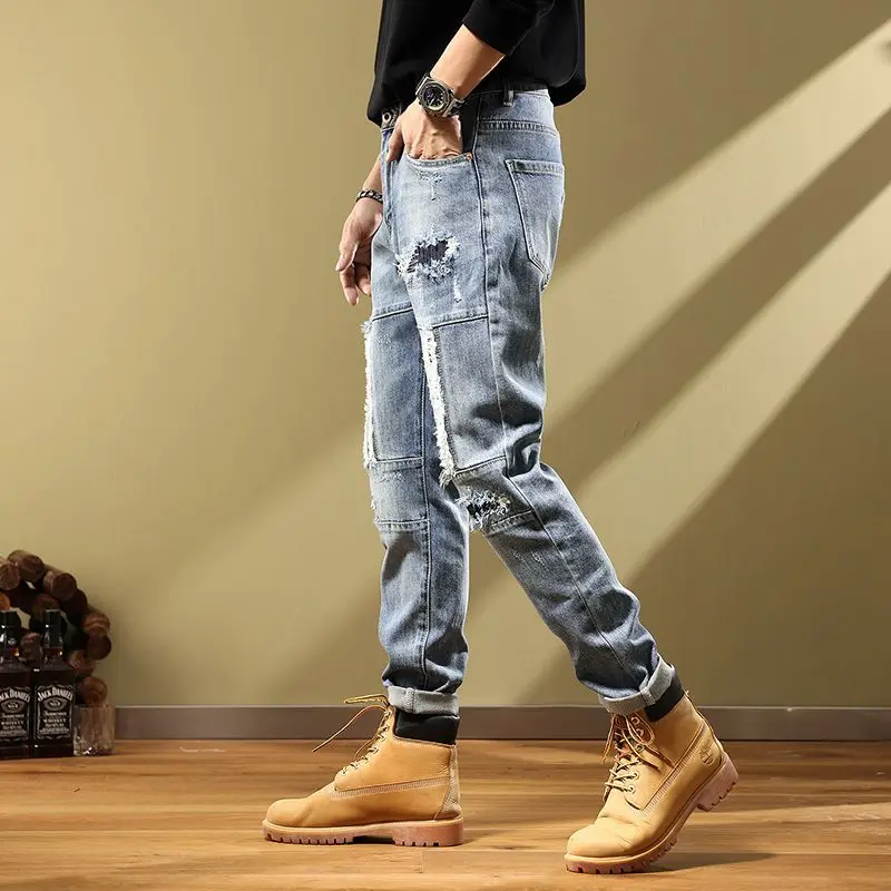 Fashion Embroidery ripped Men's Jeans Handsome Personality Broken Scrap Small Feet Vintage Old style New Autumn Style pants