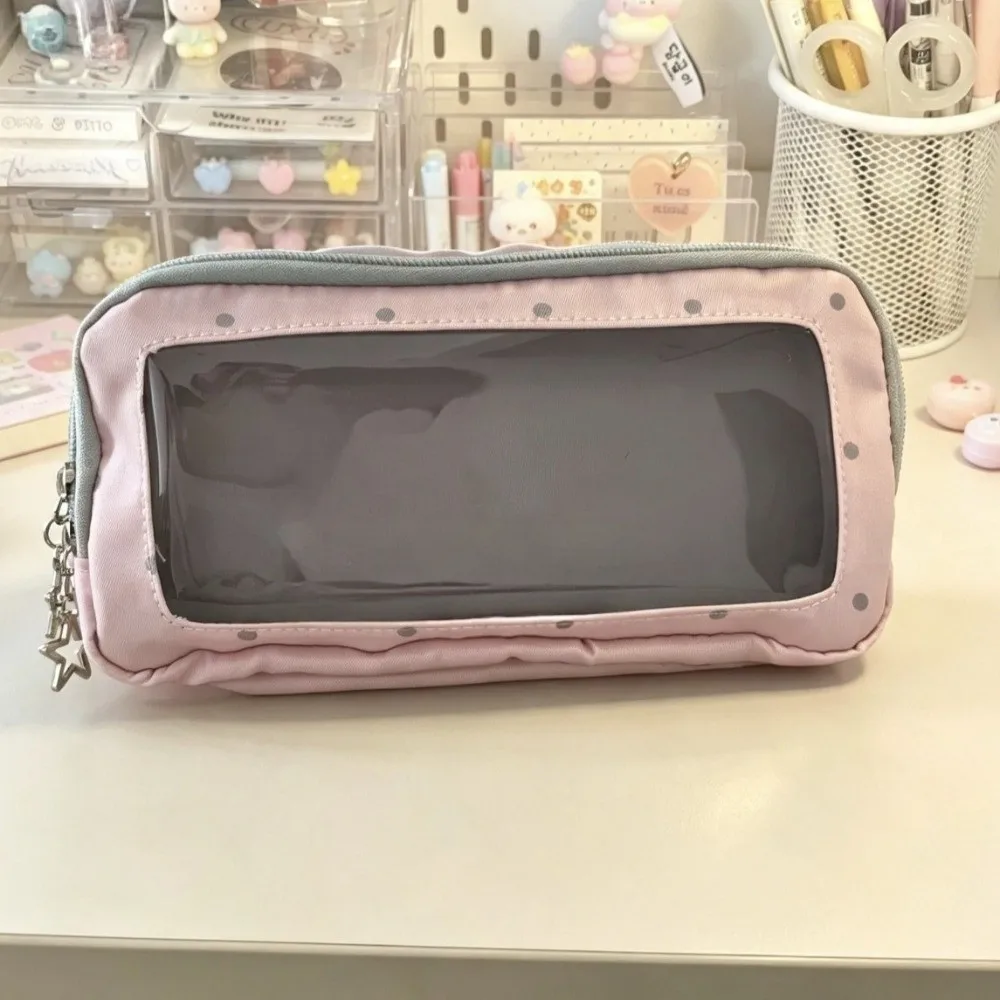 Large Capacity Pencil Case Canvas Material Macaron Color Stationery Bag Multi-Compartment Polka Dot Pattern Pen Pouch
