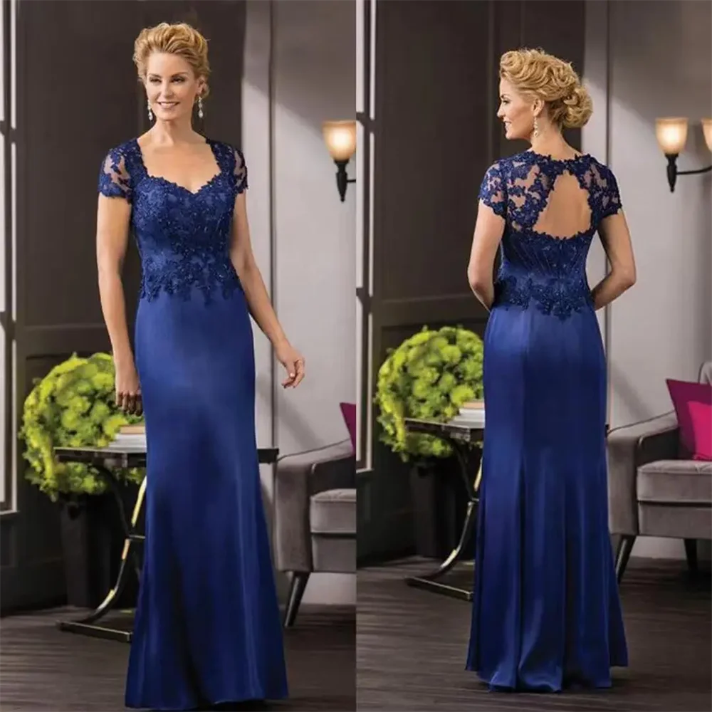 Vestidos de novia de sirena con manga de casquillo, Apliques de encaje largo, cuello redondo, boda, fiesta Formal, vestidos de noche, Azul Real