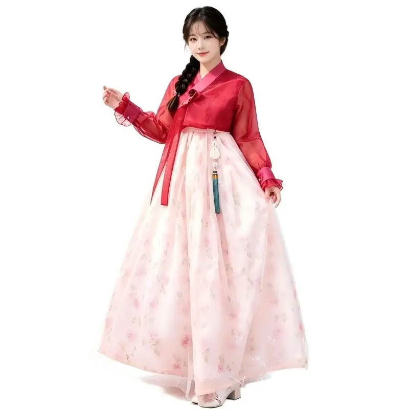 Women Modern Hanbok Korean Traditional Outfit Sheer Blouse Floral Sparkle Skirt Wedding Stage Dance Photography Costume