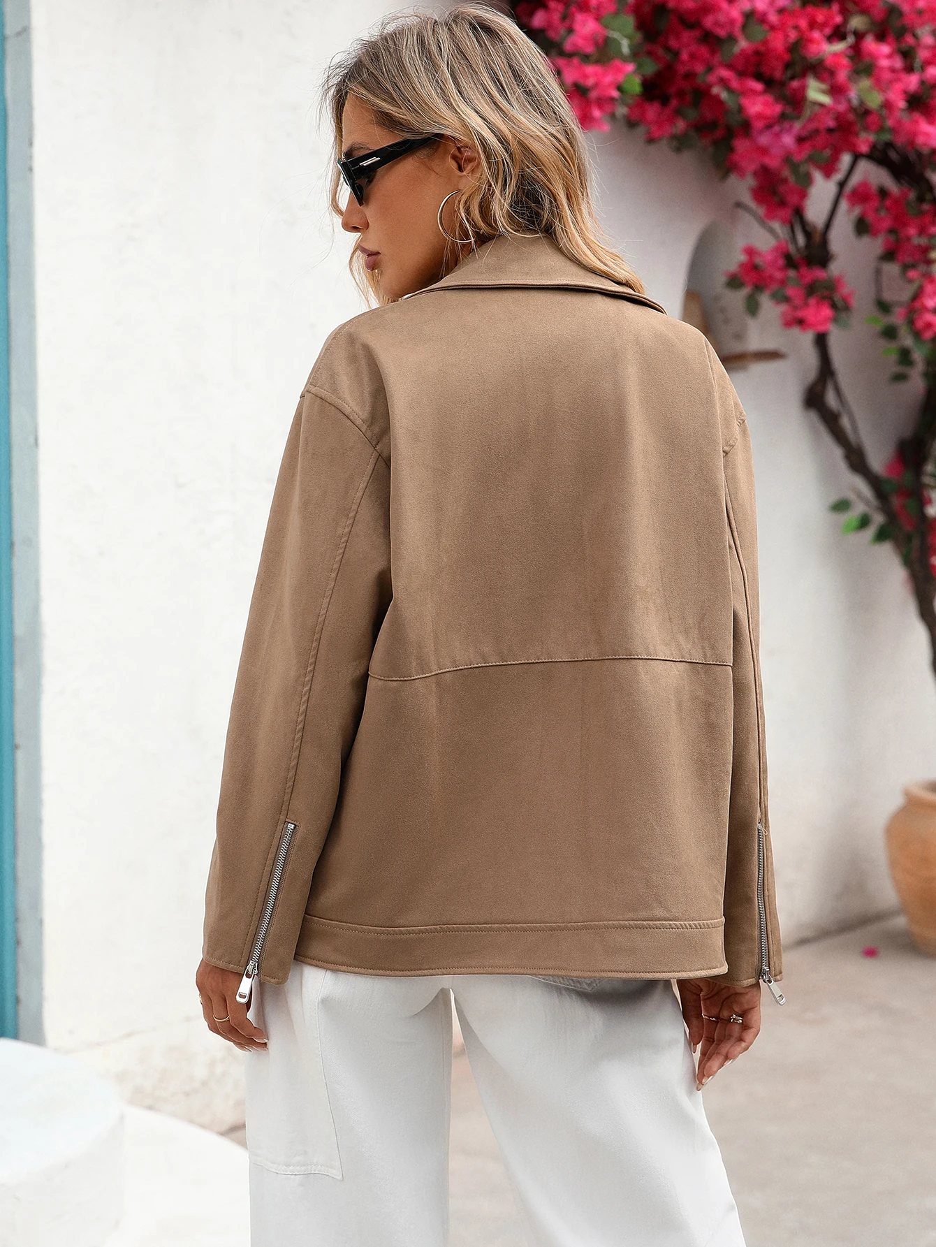 المرأة فو الجلد المدبوغ سترة التلبيب الياقة دراجة نارية زمم كم طويل موتور السائق معطف قصير سترة #6