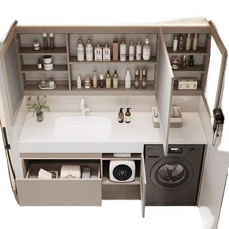 

Hot curved rock slab integrated basin washing machine cabinet bathroom cabinet combined toilet