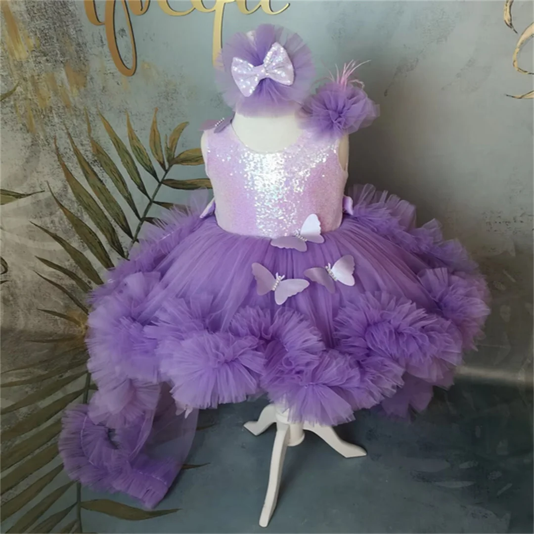 Vestidos morados de flores para niña, vestido de fiesta de cumpleaños de tul con mariposa y lazo de lentejuelas, primera comunión para bebé y niño