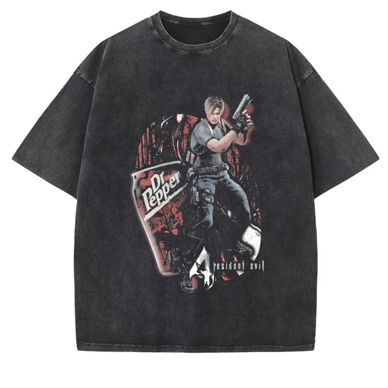 Vintage Washed Dr-Pepper Graphic T Shirts Men Casual Cotton Short Sleeve Retro Gamer  T-shirts Harajuku Streeetwear
