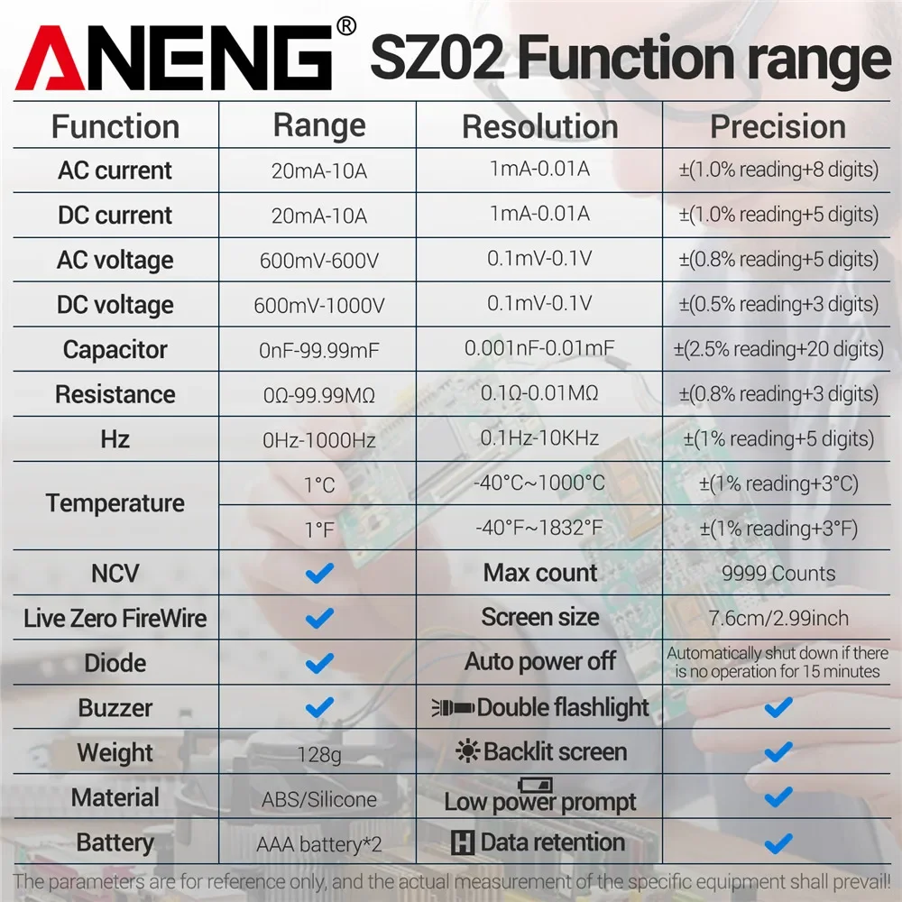 ANENG SZ01/SZ02 Diode Tester Professional Digital Multimeter True RMS Smart AC/DC Current Voltage Auto Range Multimetres Tools