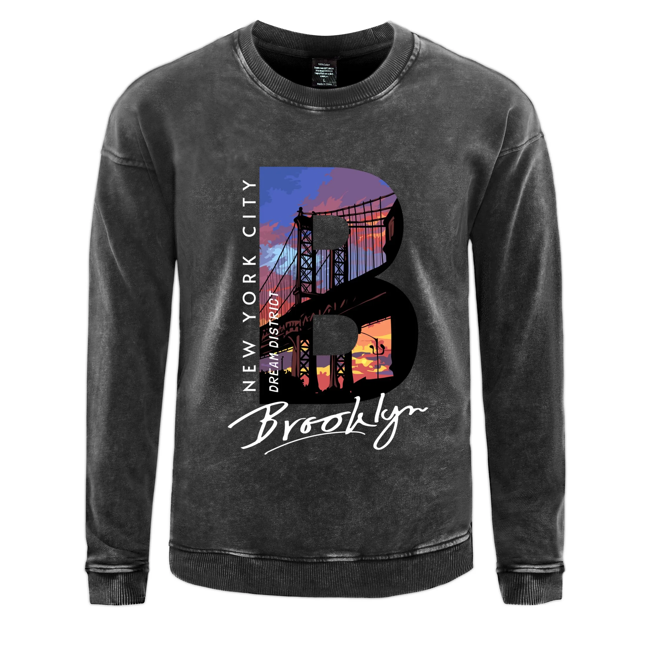 

New York City Brookly Printing Mens Washed Cotton Sweatshirt Autumn High Quality Hoodies All-Match Casual Streetwer