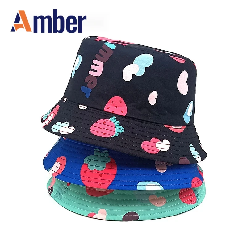 

Amber girls bucket hat strawberry printing children kids fisherman hats heart pattern Panama cap 54cm reversible outdoor travel