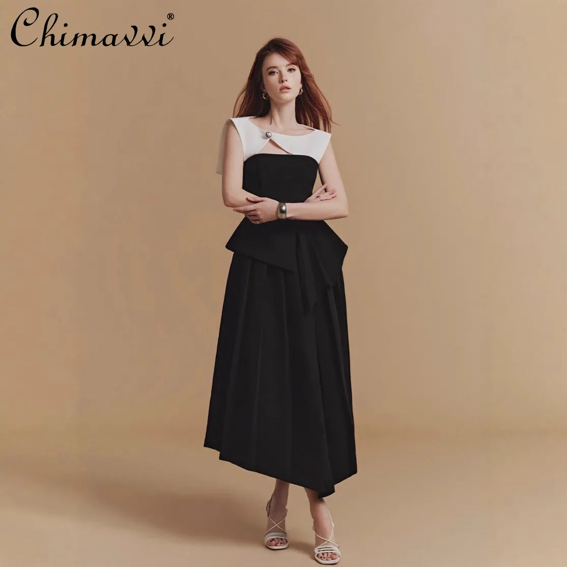 

Trendy Black and White Color Block Irregular Dress New 2026 Spring Summer Women's Cutout Shawl Faux Two-piece Midi Dresses