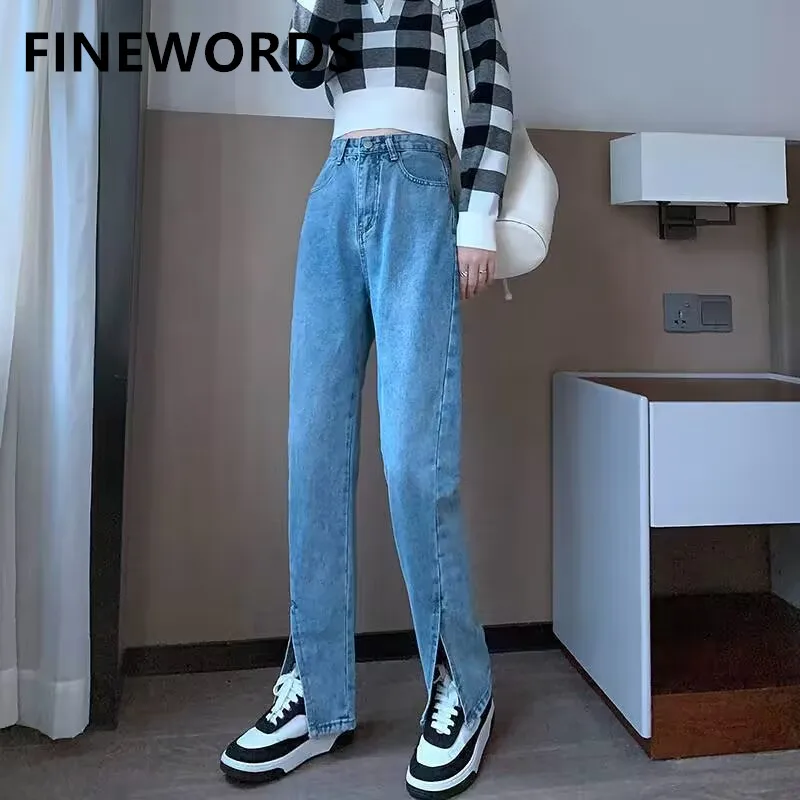 FINEWORDS 2023 Spring Vintage Split Wide Leg Jeans Women Korean Casual High Waist Streetwear Punk Loose Fashion Blue Mom Jeans