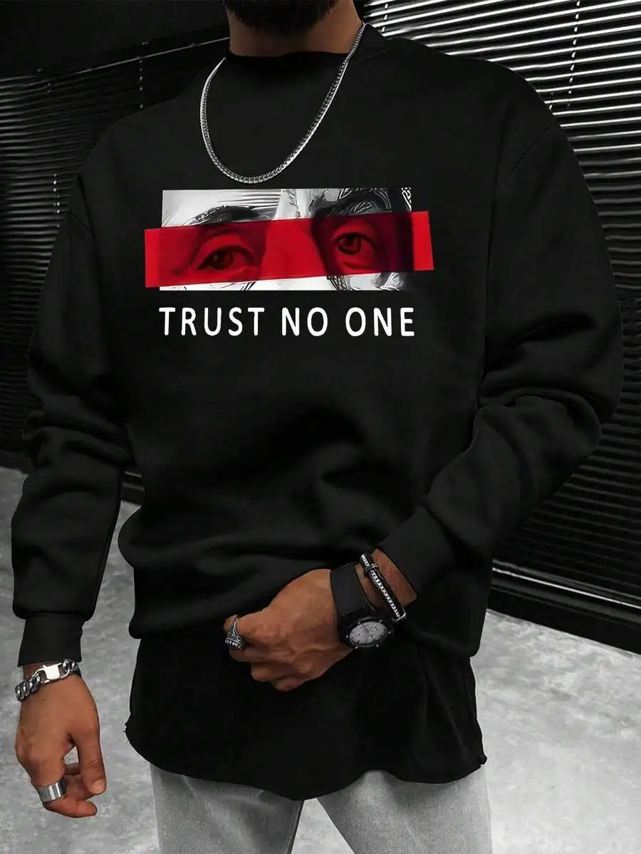 

Men's Black Crew Neck Graphic Sweatshirt, Loose Fit, Long Sleeve for Casual Wear