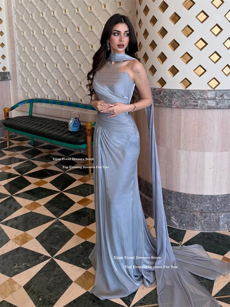 Xijun Abiti da sera lunghi a sirena blu Raso di seta Sweetheart Pieghe Abiti da ballo Sciarpa Abiti da ballo di lusso arabi sauditi Personalizz