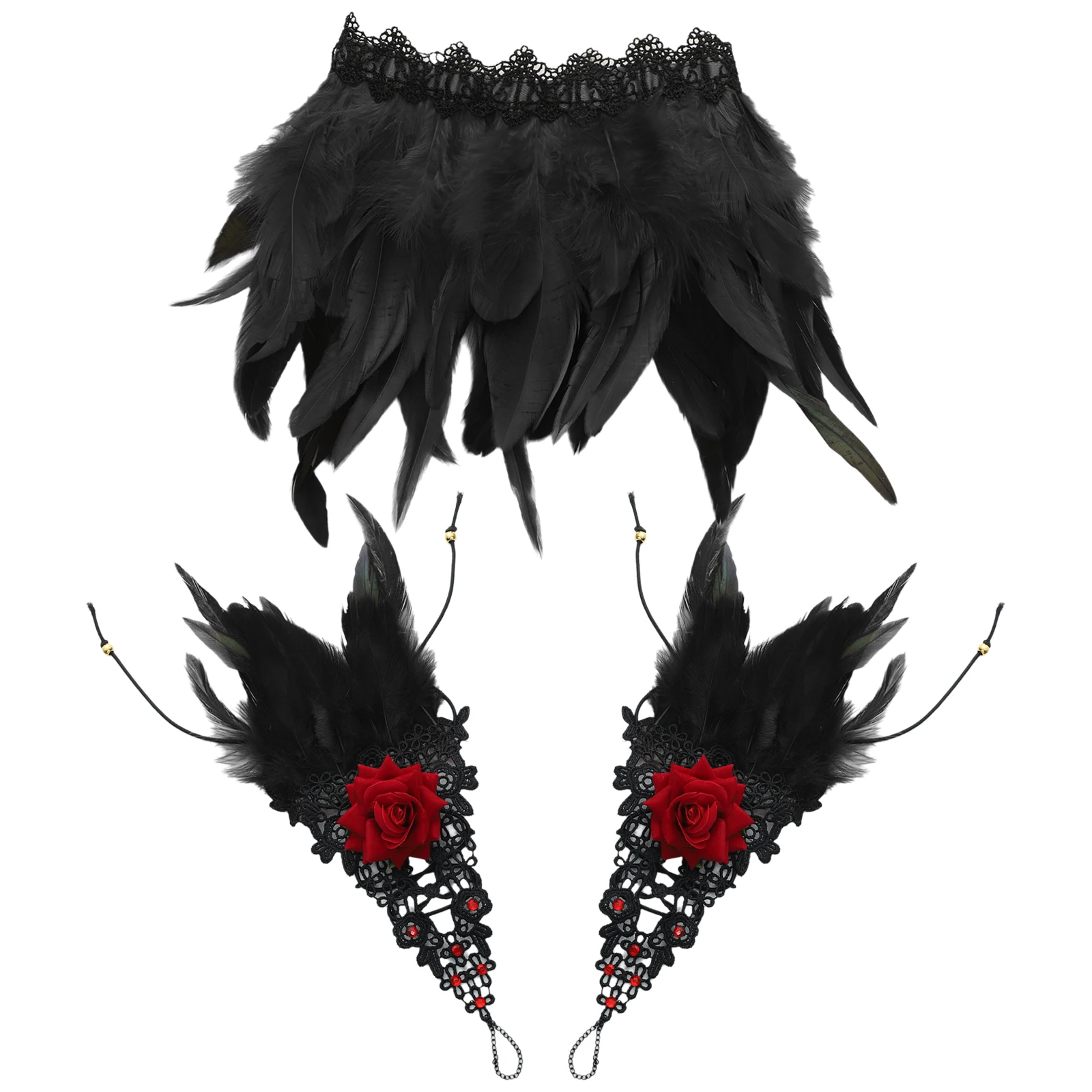 

Gothic Punk Feather Cape Feather Shrug Shawl Lace Bracelet Neck Collar Halloween Cosplay Stage Show Costume for Women Men Decors