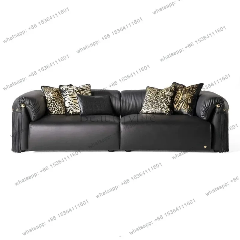 

D36Italian light luxury leather sofa villa large flat fringed sofa