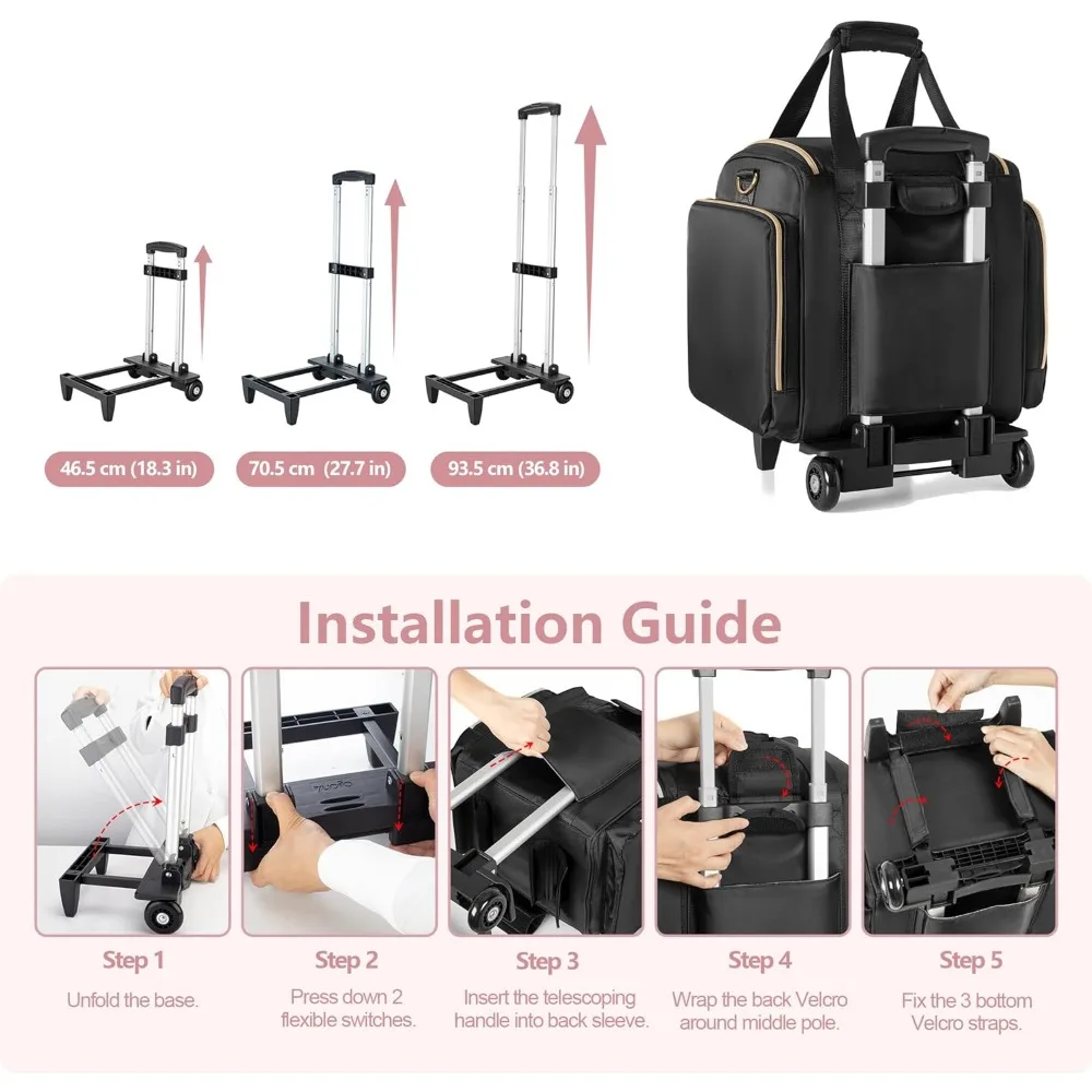 Trousse de maquillage professionnelle à roulettes avec 4 sacs amovibles, roulettes et rangement pour pinceaux au design breveté noir