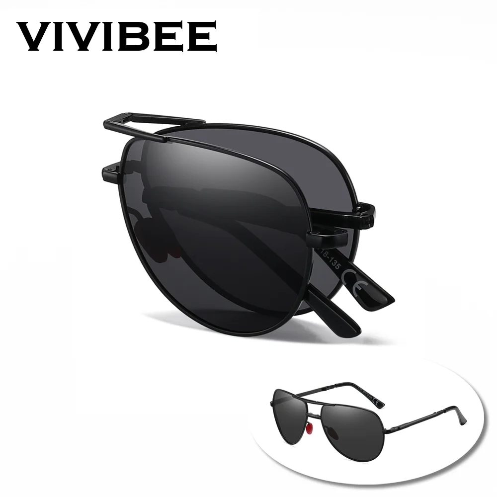 

VIVIBEE Metal Pilot Black Folding Sunglasses Polarized Men Titanium Shades Women Aviation UV400 Designer Sun Glasses With Case