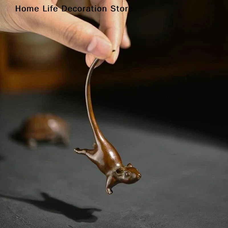 Long Tail Mouse Miniature Figurine Chinese Style Tea Pet Vintage Pure Copper Rat Ornament Desk Craft Home Decoration Accessories