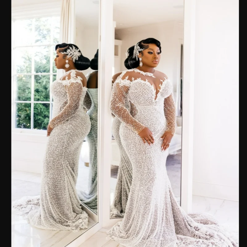 

Customized Sheer Neck Shinny Beads Pearls Mermaid Wedding Dress Robe De Mariée Long Sleeves Plus Size Luxury Bridal Gown