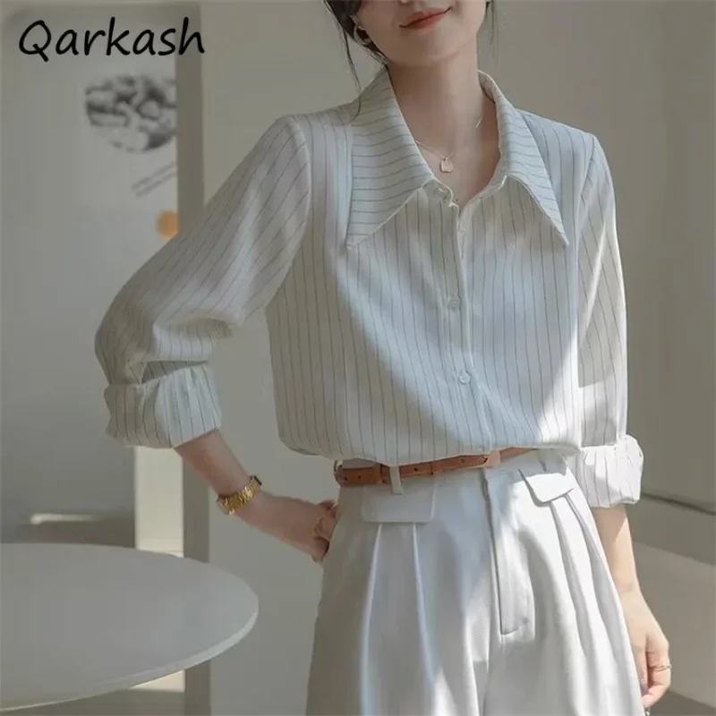 

Women Shirts Turn-down Collar Striped Decent Spring Comfortable All-match Vintage Long Sleeve Office Lady Korean Style Classical
