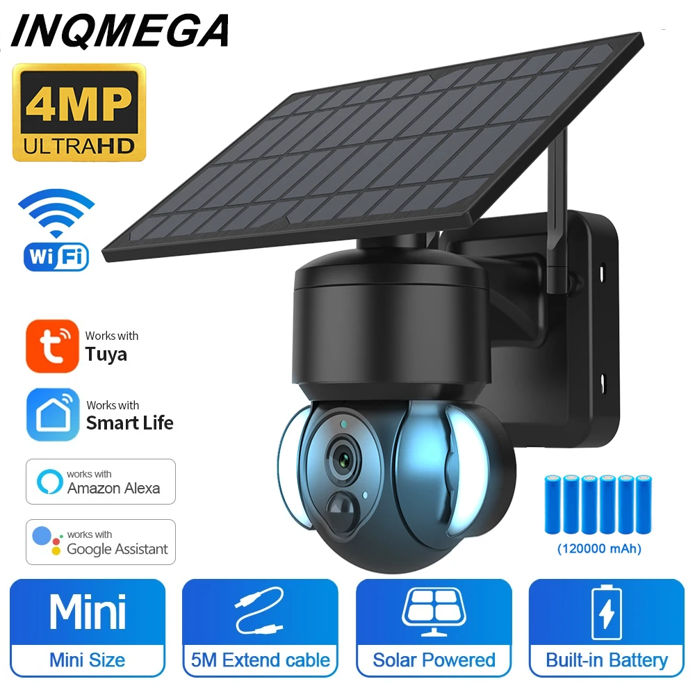 INQMEGA 4MP WIFI Tuya Solar Camera Outdoor Solar Panel Battery Surveillance Security Camera Support Alexa Google Home Video Cam