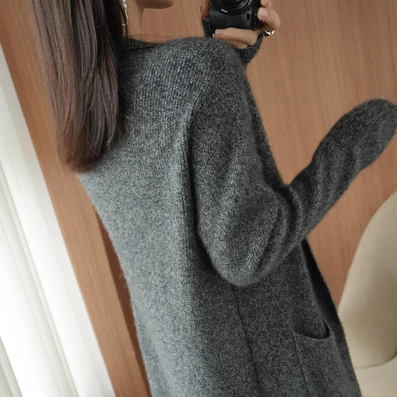 2022 Autumn/Winter New Fashion 100% Wool Cardigan Women\'s Long Sleeve Knitted Jacket Female Loose Coat Sweater Standard Spring