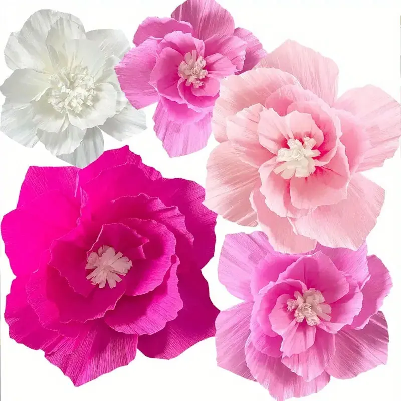 5 Stück rosa Papierblumen, künstliches Krepppapier, leuchtend rosa und weiße Wanddekoration, Hochzeit, Geburtstag, Braut, Babyparty, Klassenzimmer, Kinderzimmer, Hintergrund, Mitteldekoration