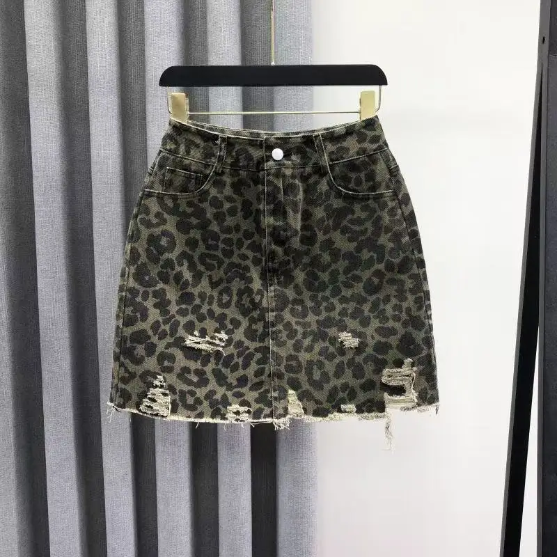 Girls' American High Waisted Leopard Print Ripped Denim Short Skirt 2025 Summer Fashion A-line Spicy Girl Half Skirt