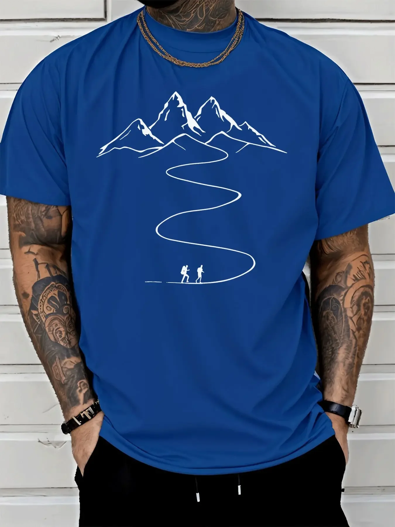 Fashion Men Mountain Hiking Trail Graphic T Shirt Outdoor Travel Climber Silhouette Print Crew Neck Short Sleeve Casual Tee Tops