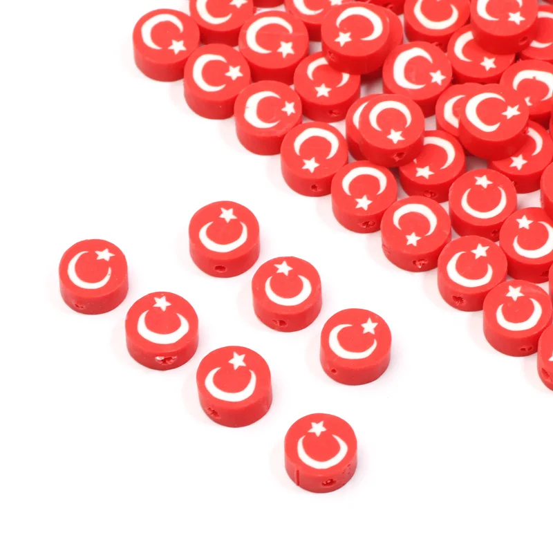 20/50pcs 9mm Clay Turkish Flag Beads for Bracelets Flat Polymer Clay Loose Spacer Beads for Jewelry Marking Necklace Findings