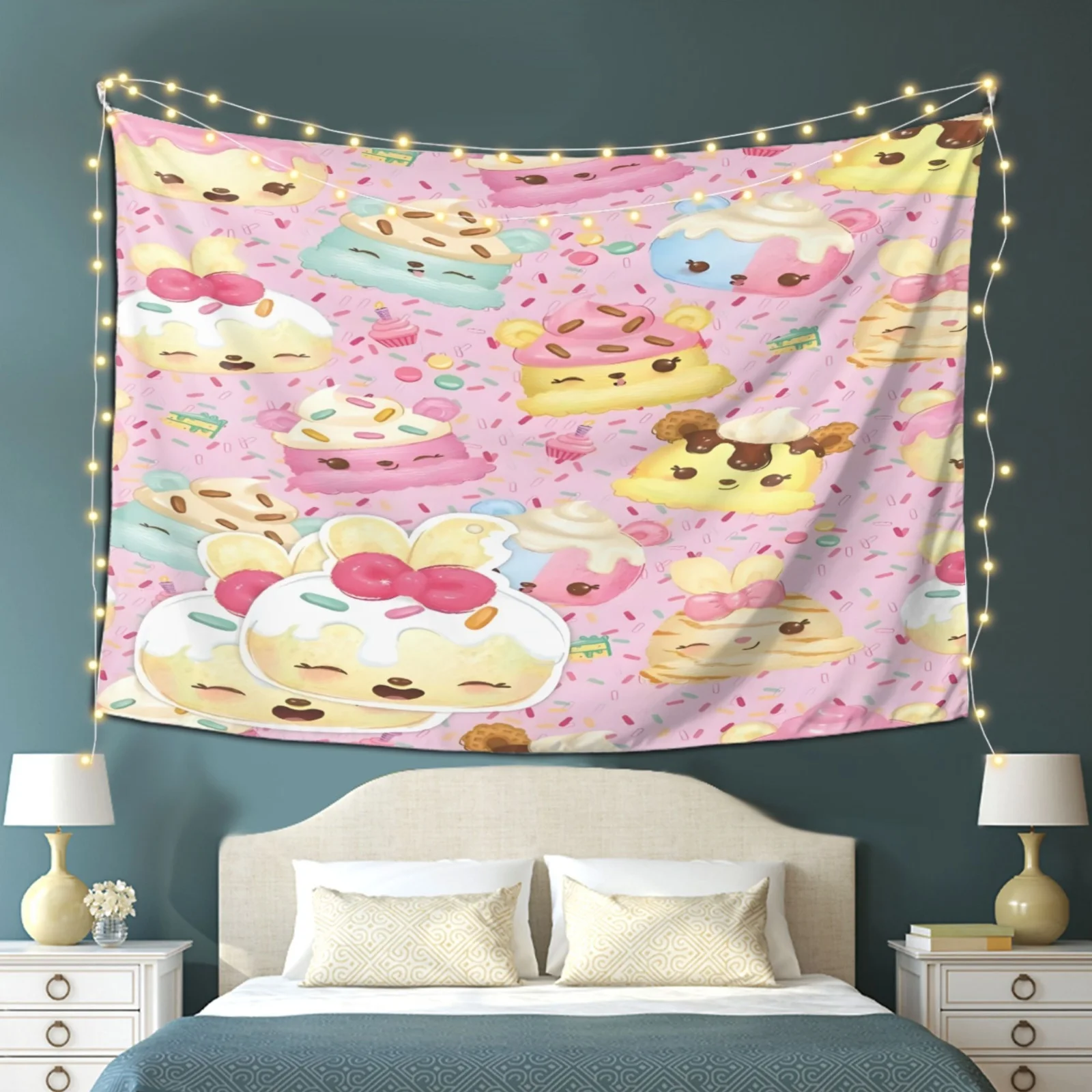 Kawaii Dessert Tapestry, Cute Cake Pattern Wall Hanging, Pink Sweet Food Decor, Aesthetic Dorm Room Background Cloth