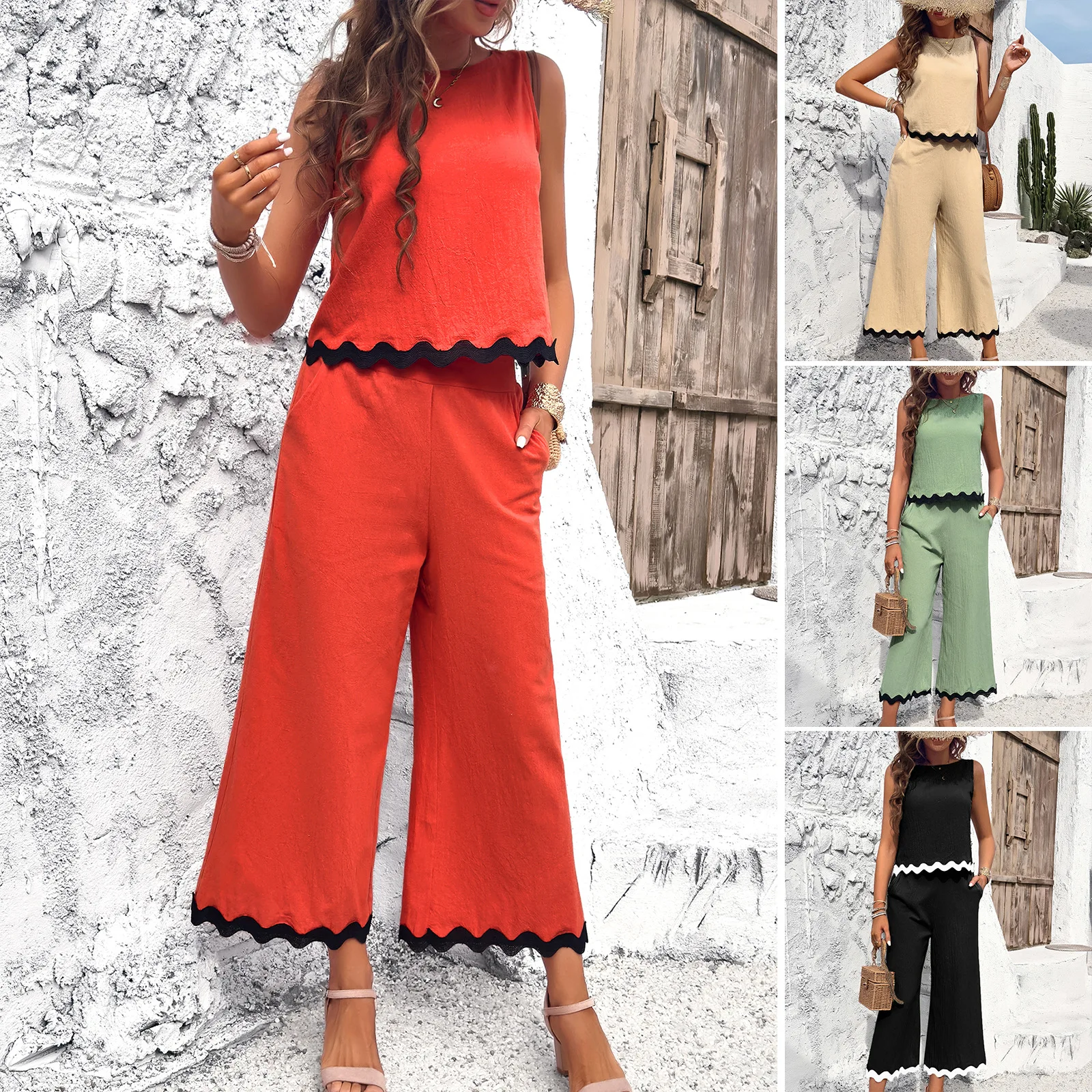 High Quality Women Clothing 2024 Spring Summer Casual Temperament Long Personalized Woven Belt Vest and Pants Set Ladies Fashion