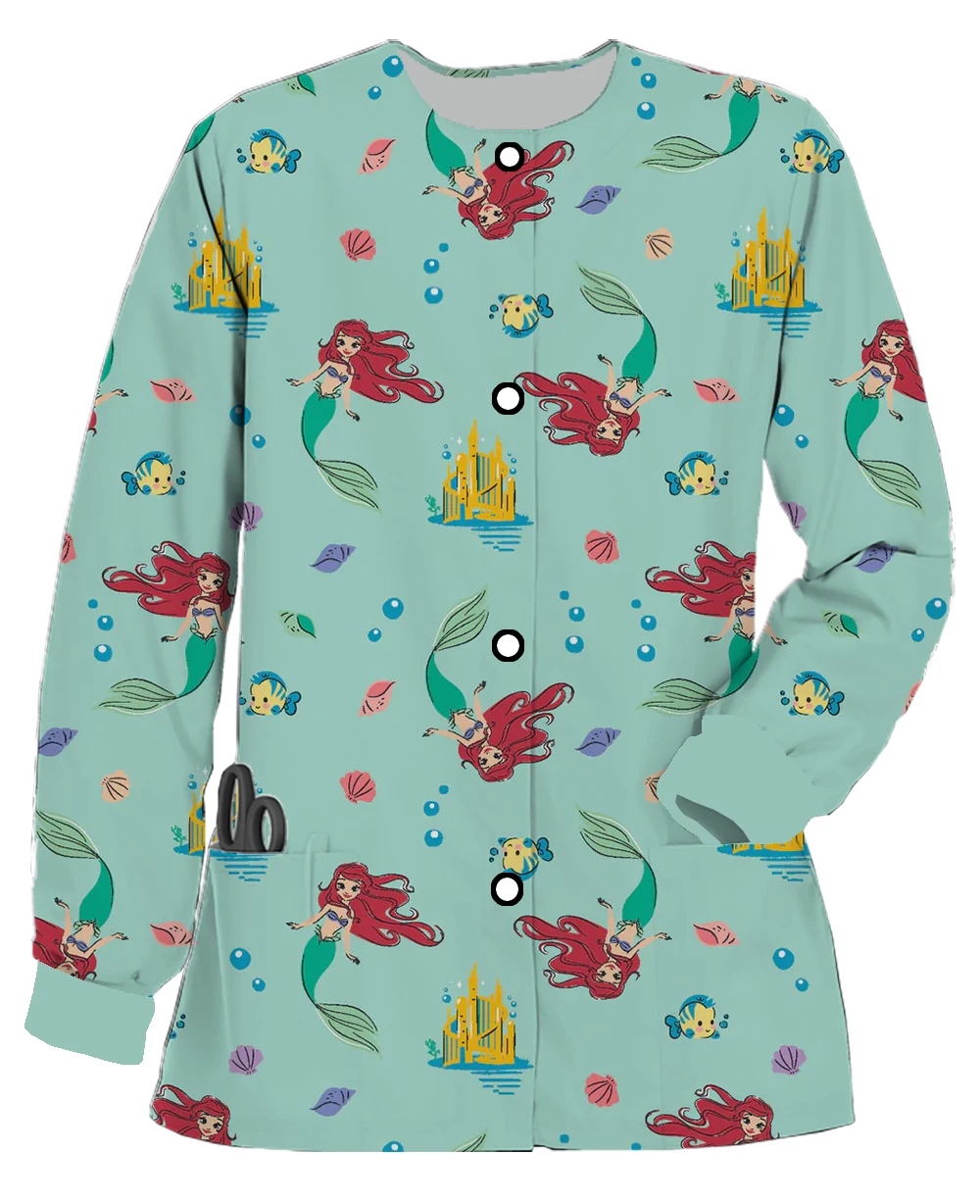 Disney Alice Mermaid Princess Pocket Warm Printed Scrub Jacket Nurse Coat Pet Shop Nurse Coat Round Neck Cardigan Coat