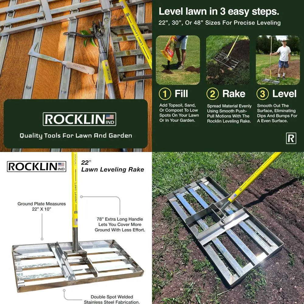

22 x 10 Stainless Steel Lawn Rake with 78 Handle for Smooth Leveling of Soil, Sand, and Grass