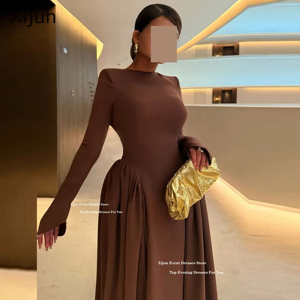 

Xijun Luxury Brown Crepe Evening Dresses Long Sleeves O-Neck Pleated Dubai Prom Dresses Backless A-Line Formal Prom Gowns Custom