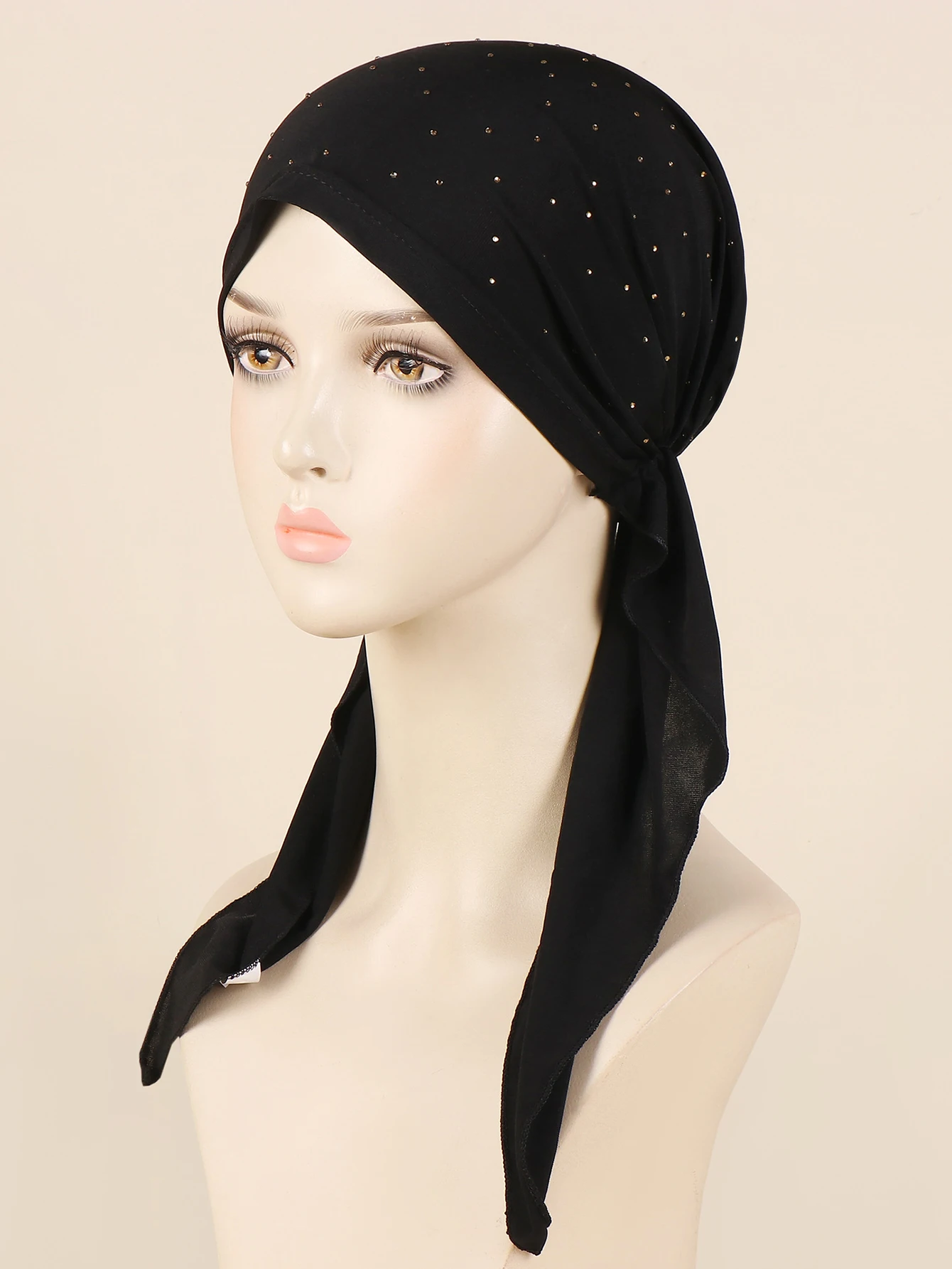 

Fashionable Rhinestone Women's Solid Color Hijab Turban Soft Elastic Indian Bonnet Head Wrap Head Scarf Chemotherapy Cap