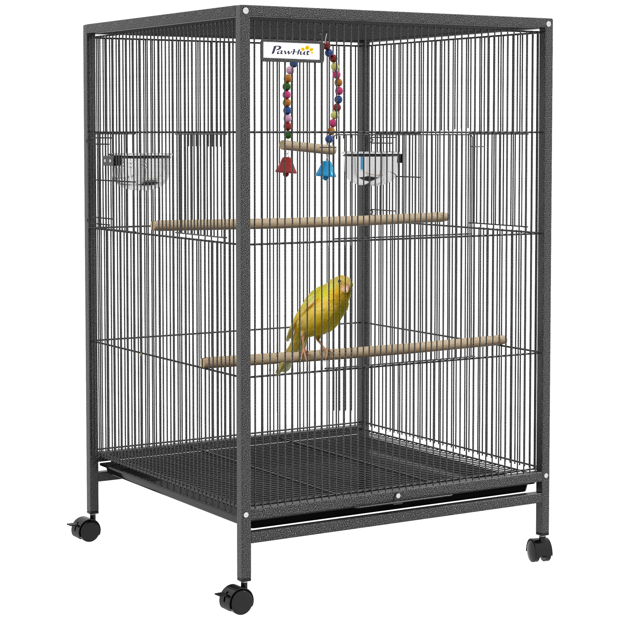 PawHut Cage à oiseau sur pied cage sur roulettes avec balançoire, perchoirs, portes, bols et plateau coulissant, volière pour pinsons canaris inséparables, perruches 48 x 46 x 78 cm en acier noir