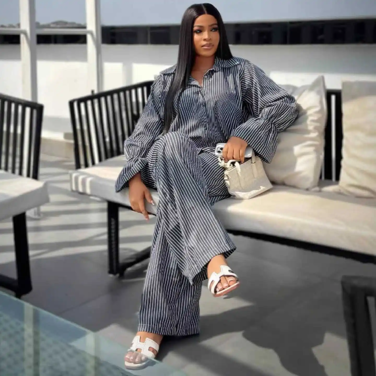 Women's Fashion Stripe Button Bell Sleeve Long Sleeve Shirt Wide Leg Pants African Casual Set Polyester Winter Season