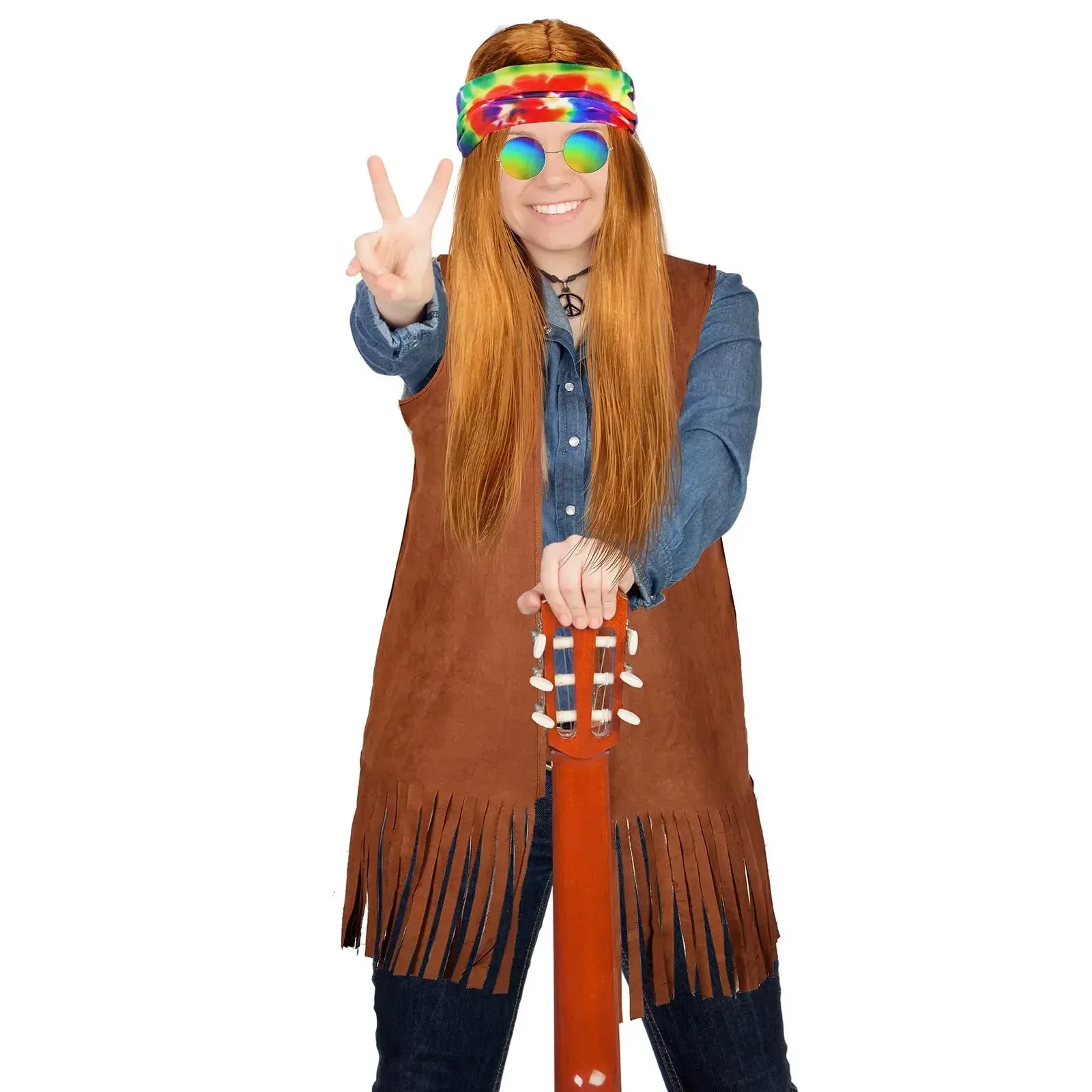 

Skin-tight Garment Cos Hippie Tassel Vest Tie Dye Headband 60s 70s Men And Women Party Cosplay Stage Performance Clothes