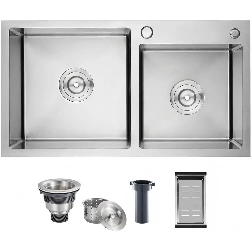 

Кухонная мойка 30 дюймов с двумя чашами, встраиваемая/навесная, из нержавеющей стали с нанопокрытием, с аксессуарами (серебристая)